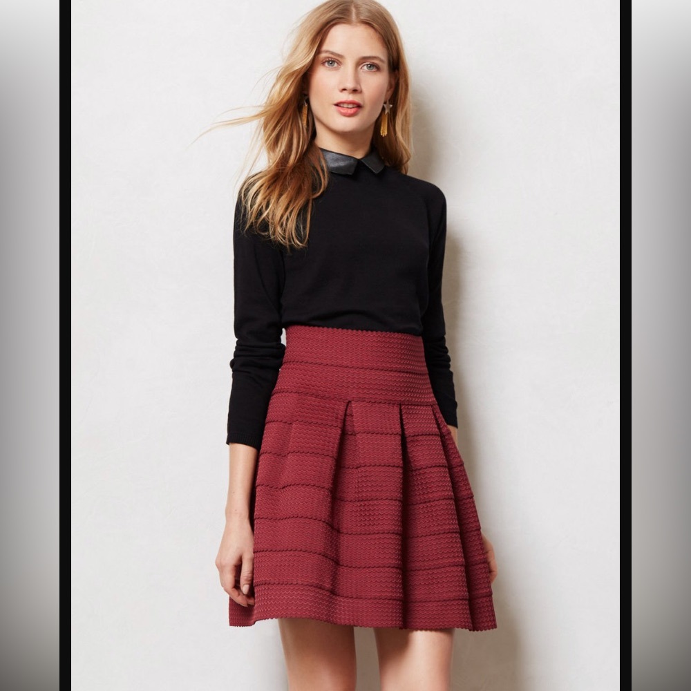 Anthropologie Girls from Savoy Textured Pleated Maroon Skater Skirt